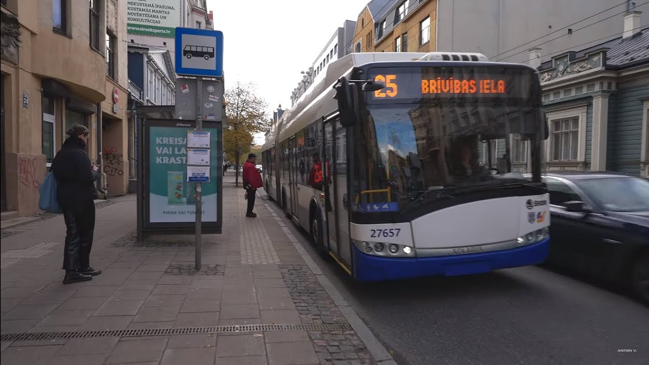 Latvia, Riga, trolleybus 25 ride from Lāčplēša iela to Brīvības iela