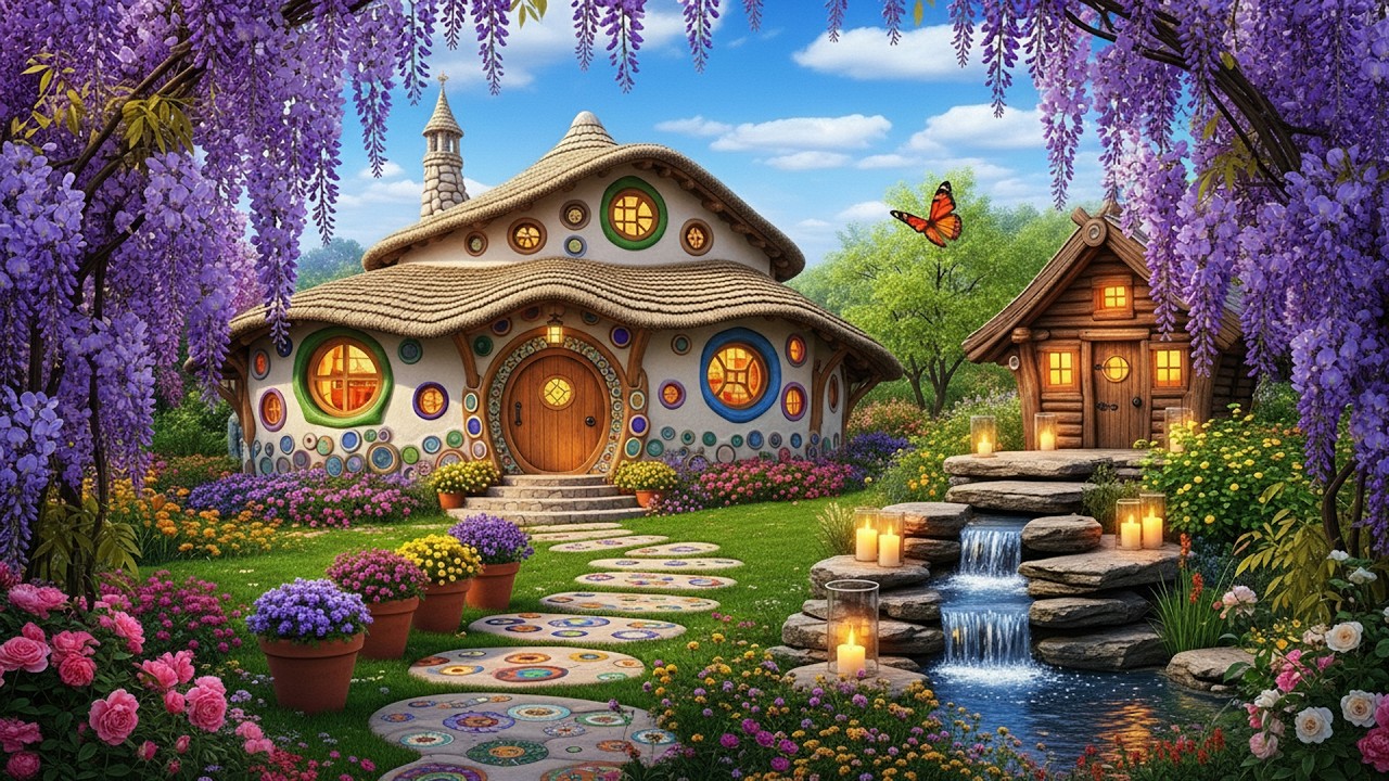 Magical Cottage Garden Relaxing Music ✨ Calm Waterfall, Flowers and Healing Vibes
