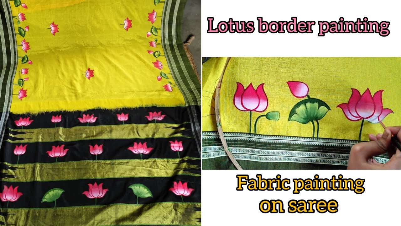 lotus border painting on saree || pichwai lotus drawing || fabric painting tutorial