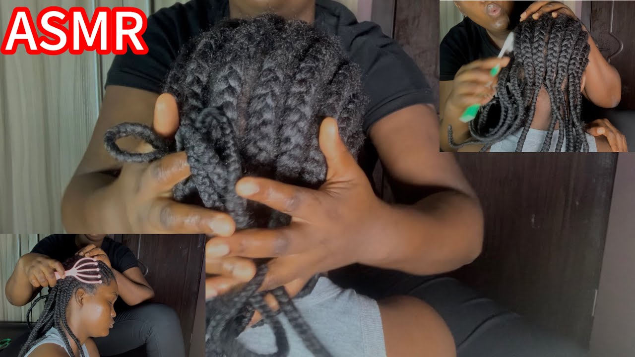 ASMR hair trimming,scalp oiling, scratching and massage with singing in whispers.