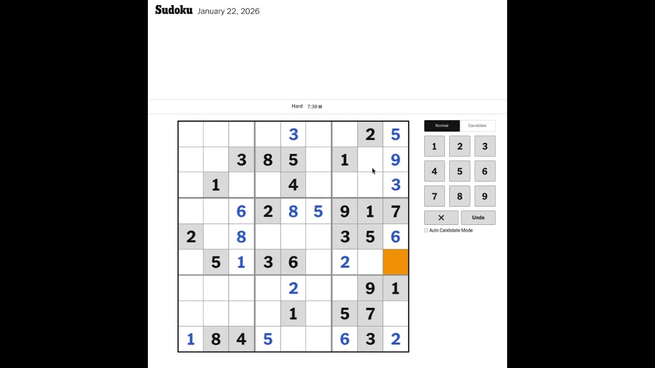 New York Times Sudoku Hard Solution for January 22, 2026: Solving without Markings