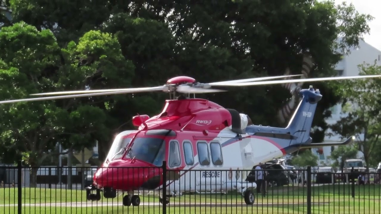 Queensland Government Leonardo AW139 Start up and departure from Cairns Hospital Helipad. #aw139