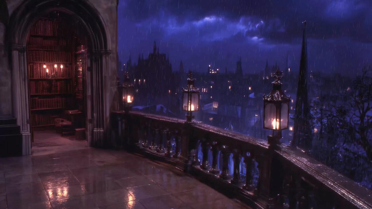 Haunted Library Balcony — Dark Fantasy VHS Rain Ambience for Sleep