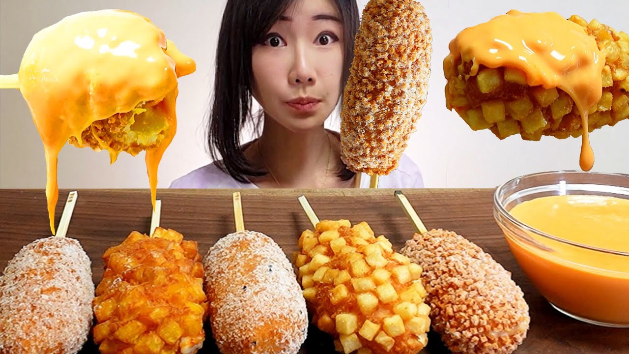 Trying GIANT Korean Corn Dogs! Korean Food Mukbang!