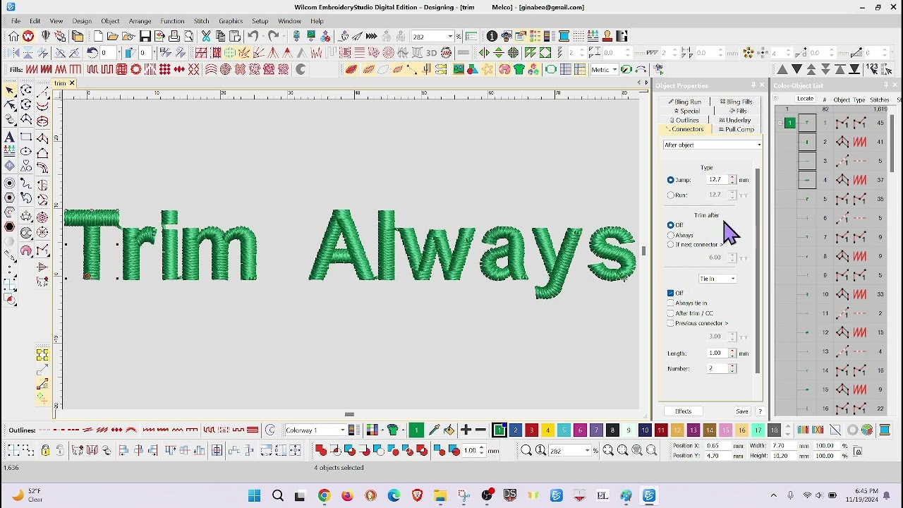 Adding trims to a Stitch Design File - Wilcom