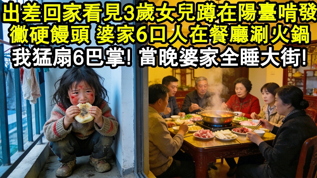 國外出差1年提前回家，進門看見3歲女兒紅腫著臉，蹲在陽臺啃發黴的硬饅頭，婆家6口人在餐廳涮火鍋。我當場猛扇6巴掌：給你們臉了！當晚婆家全睡大街悔慘了！#家庭故事 #生活經驗 #為人處世