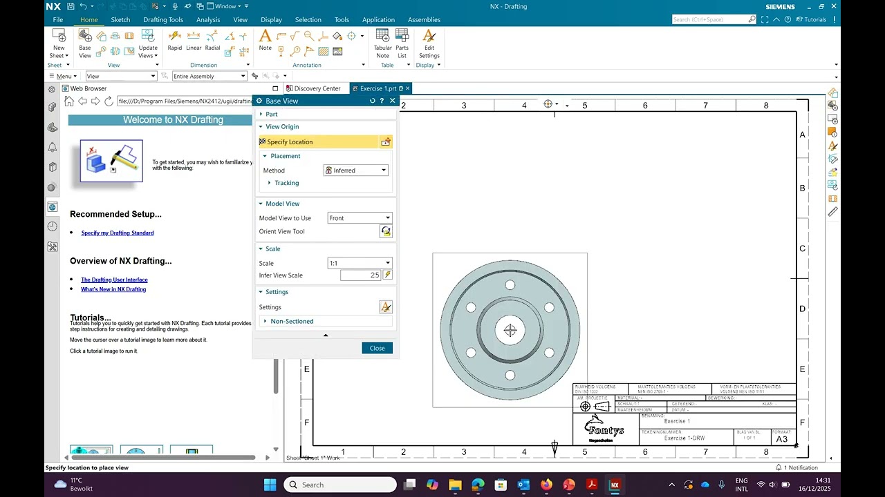 Упражнение 1 по основам черчения для Siemens NX 2412: чертежи, модель и схема включены в один файл.