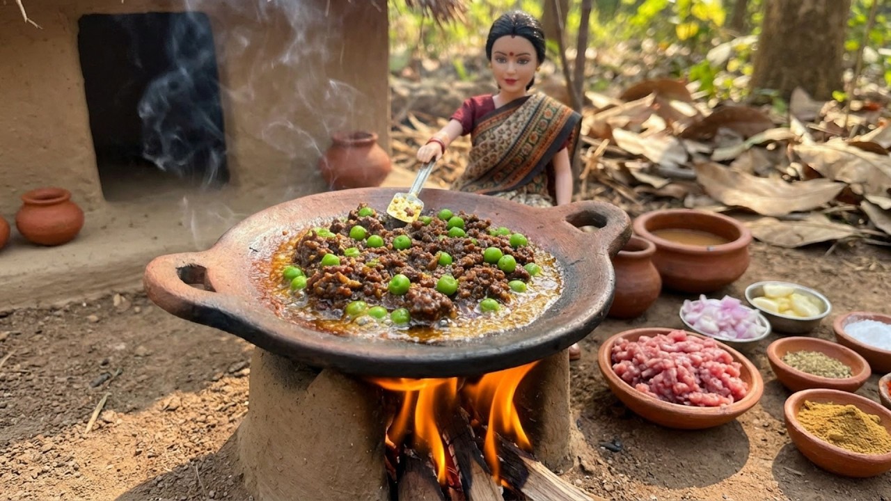 Miniature Doll Mutton Keema Fry Cooking ASMR 🍖 | Indian Village Tiny Kitchen Story