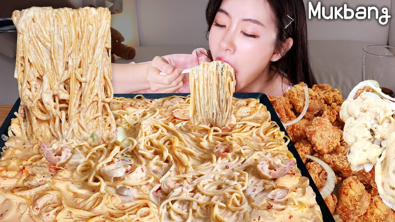 пряные креветки макароны и овзонный крем курицы REAL MUKBANG▶ㅣREAL SOUNDㅣ ASMR MUKBANGㅣ