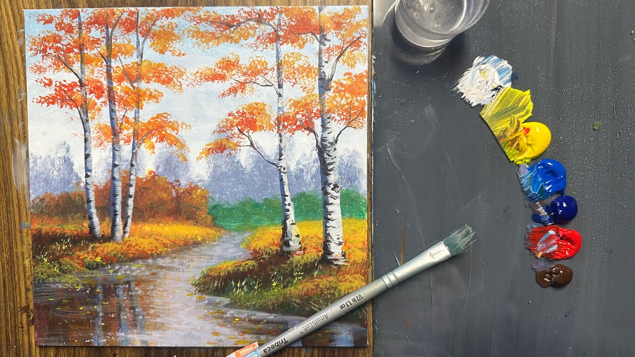 Easy acrylics landscape autumn painting tutorials/ step by step  #art #acrylicpainting 