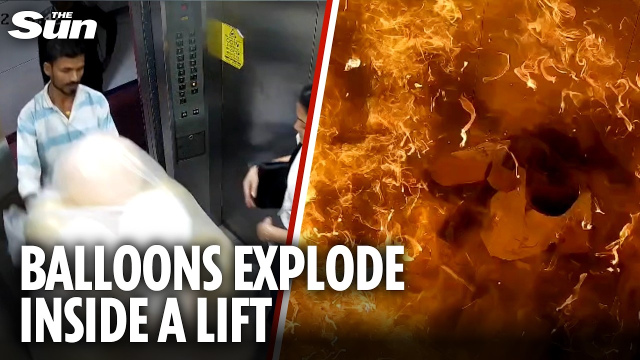 Horror moment bunch of balloons filled with explosive gas burst in giant fireball inside lift