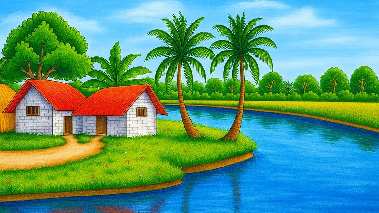 How to Draw Easy Scenery | Village Landscape with River, Trees & House Drawing Tutorial