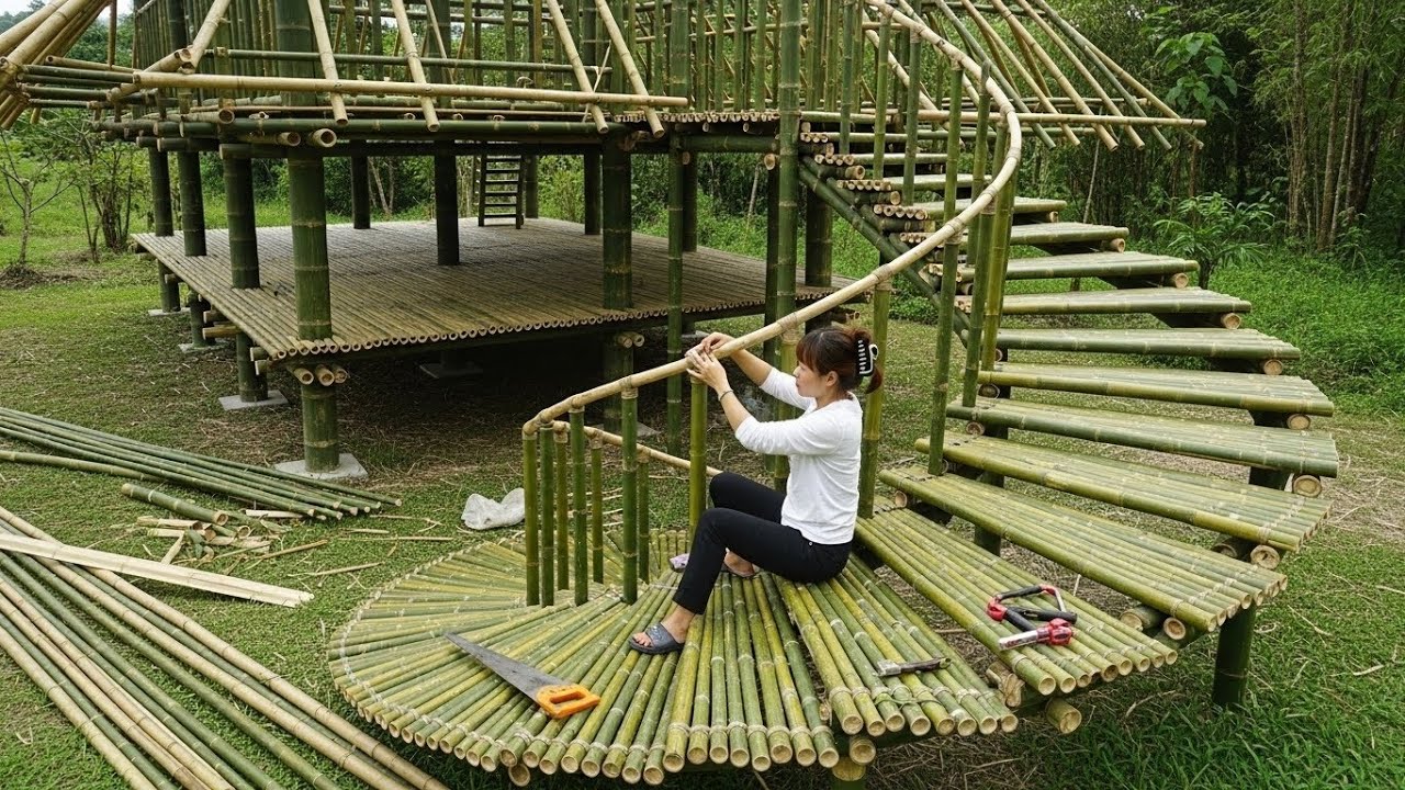 Girl With Her Talent Build A Bamboo Architecture - The Work of Century - Spiral Staircase