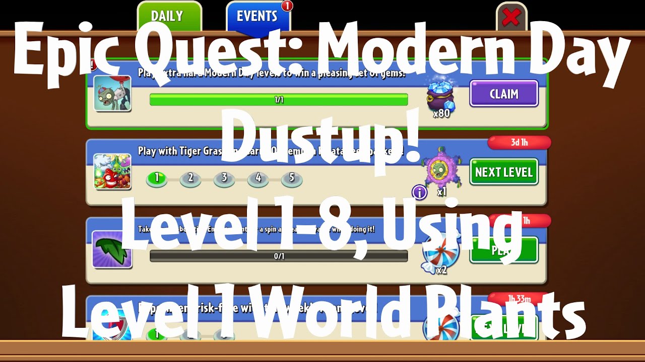 PvZ2 Epic Quest: Modern Day Dustup!, Level 1-8, Using Level 1 World Plants - Gameplay