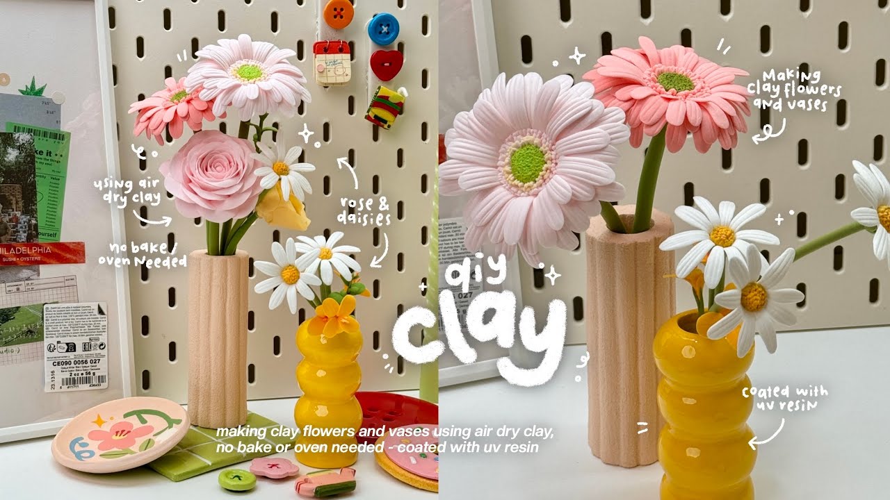 how i make clay flowers and vases💐🌸 using air dry clay, no bake
