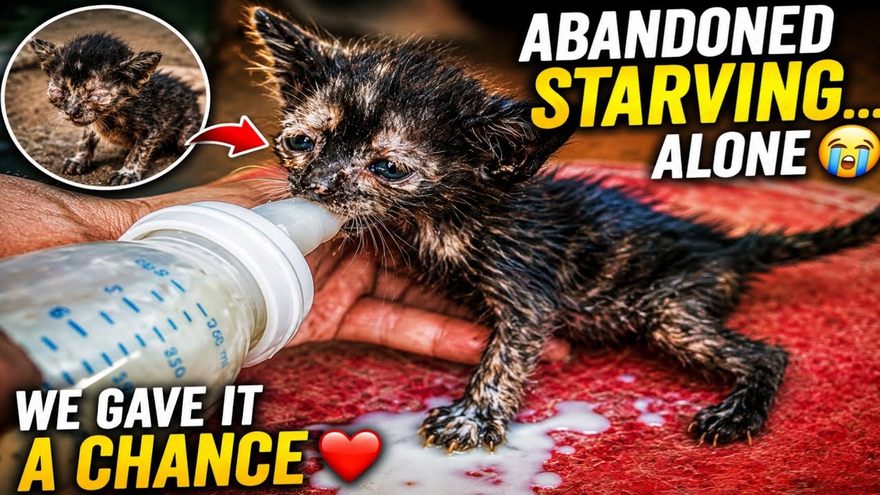 This kitten was abandoned by its mother It was very hungry  We gave it milk