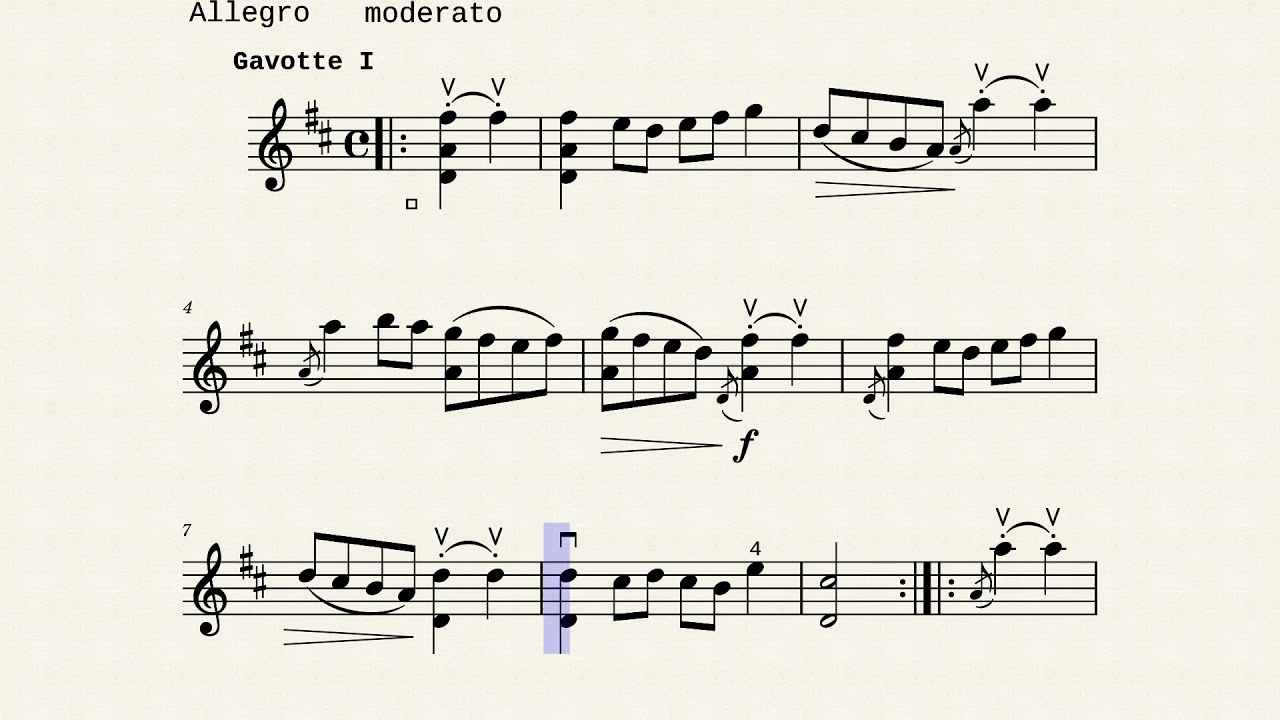 Gavotte l & ll For Violin (From Bach Cello suite No.6) by J.S.Bach