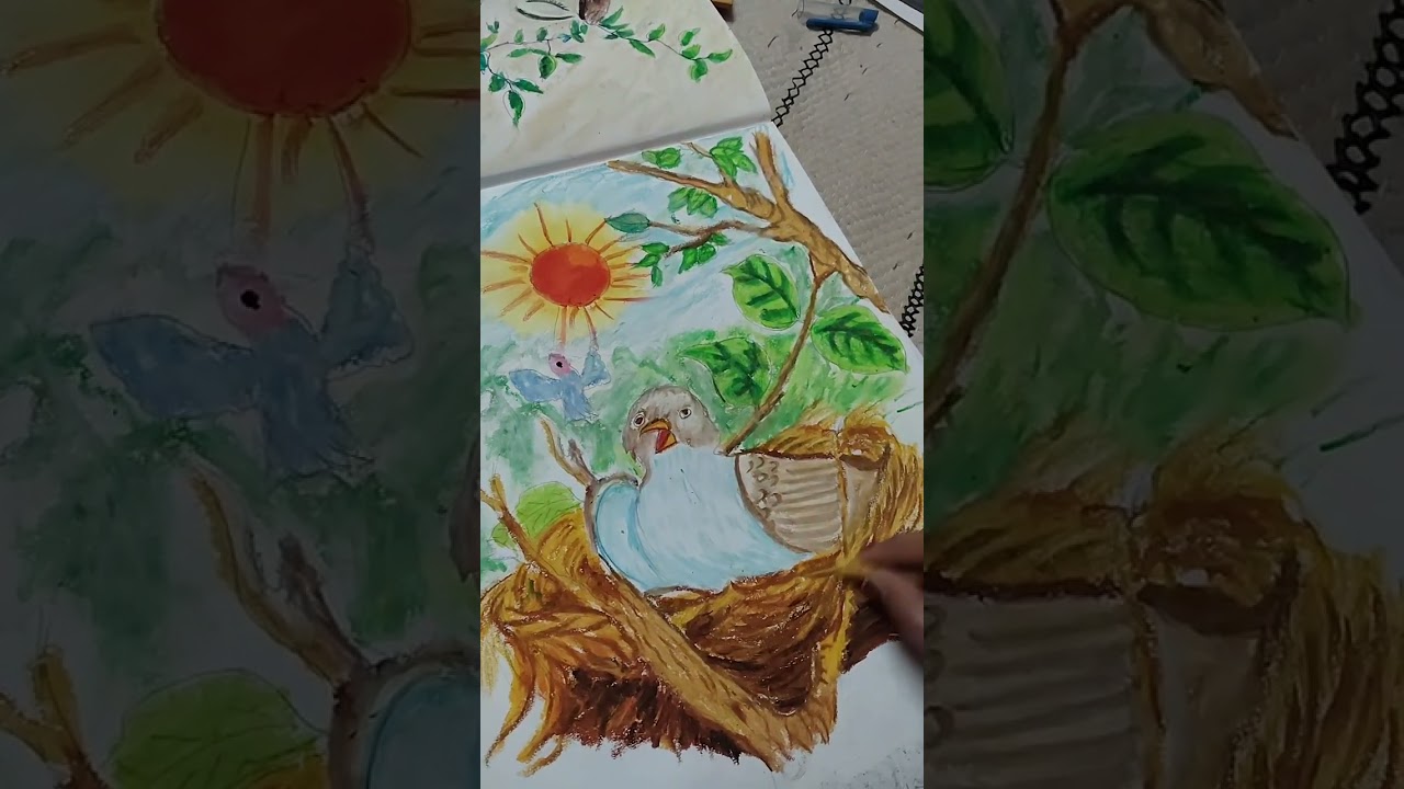 Beautiful nanhi chidiya draw and oil pastel colours 