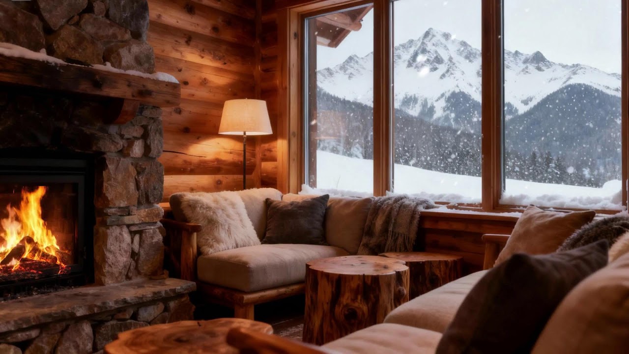 Cozy Winter Cabin Ambience  Snowfall & Soft Focus Soundscape (4K)