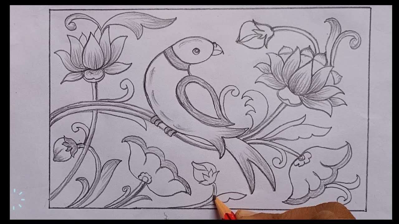 तोता और कमल का आलेखन / Kamal Ka Phool Kaise Banaen / Alekhan Kaise Banaen /How To Draw Lotus flower