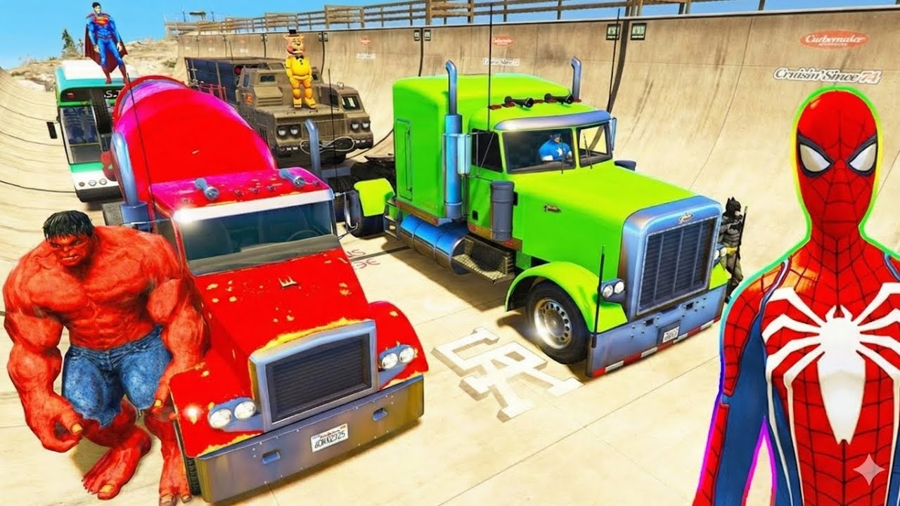 SPIDERMAN McQueen Ramp Challenge JUMP! SUPERHERO HULK IronMan Goku Mack Truck Disney Cars 3 - GTA V