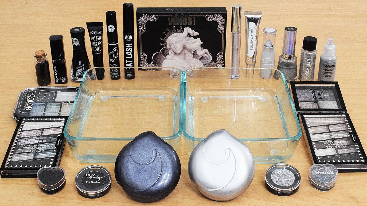 Black vs Silver- Mixing Makeup Eyeshadow Into Slime ASMR