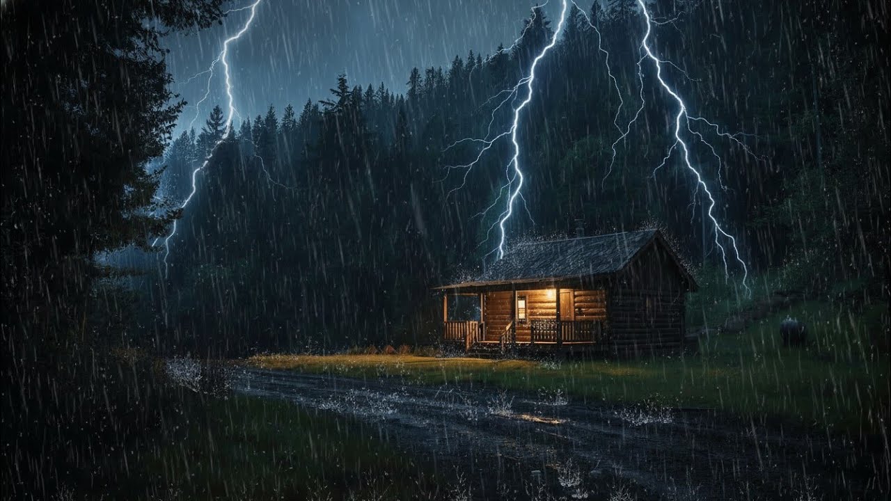Heavy Rain & Thunderstorm Echoes in a Remote Mountain Cabin 🌧️⚡ Dark Night Ambience for Deep Sleep