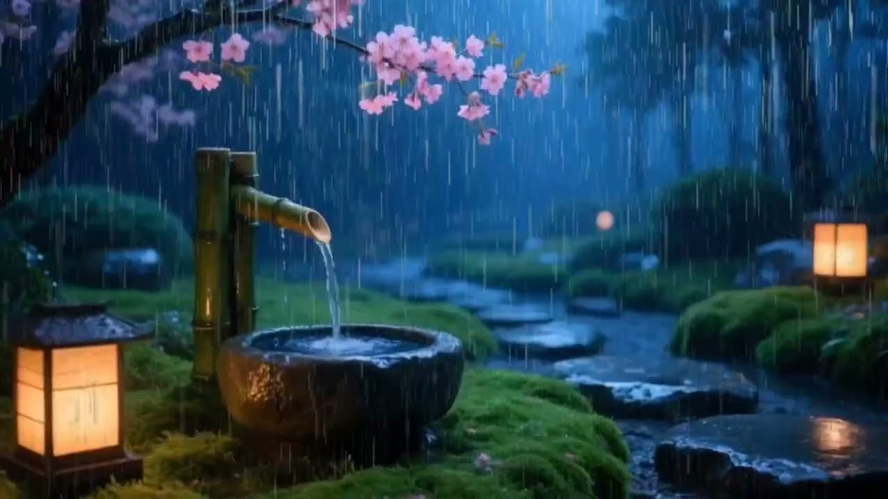 Gentle Rain and Piano in a Zen Garden at Night | Deep Relaxation and Sleep