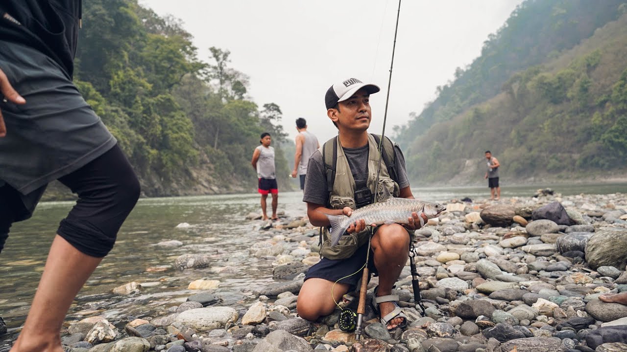 Fly fishing for Copper Mahseer (katley) in Sikkim Teesta River, India Shakespeare Sigma 6wt fly rod