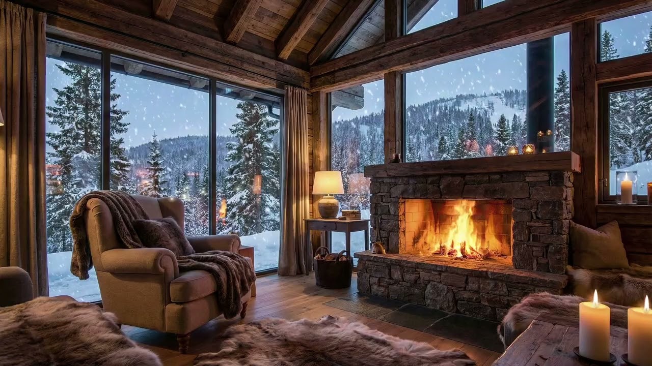 8 Hour Mountain Cabin Retreat ❄️ Crackling Fireplace & Falling Snow | Cozy Winter