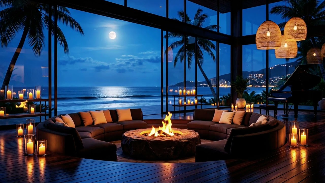 Cozy Beach Fire Pit Ambience 🌊🔥 Ocean Waves & Crackling Fire Sounds