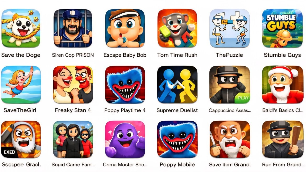 Roblox,Sprunki survival,Hay Day,Brainrot Runner,Temple Run 2,Cat Survival,Granny,Comic Bob,Save Fish