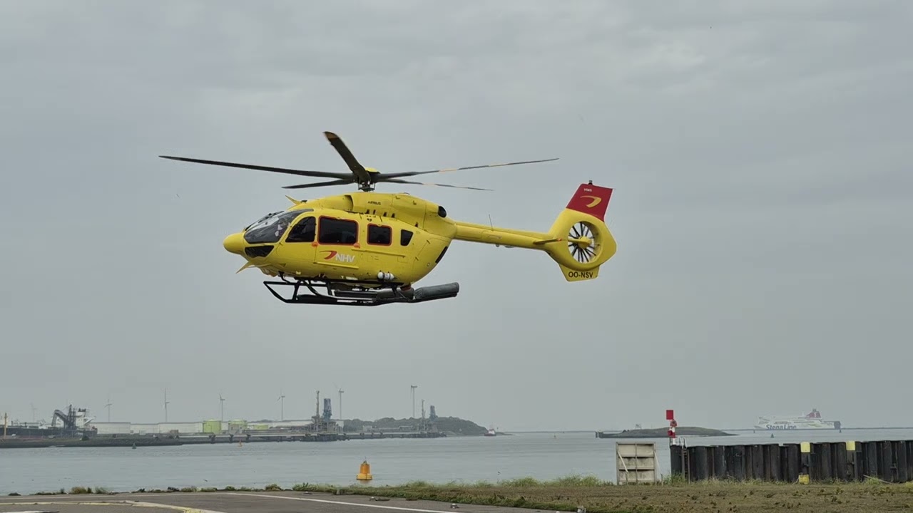 Airbus H145 D3 from NHV-group take off from Pistoolhaven in Rotterdam