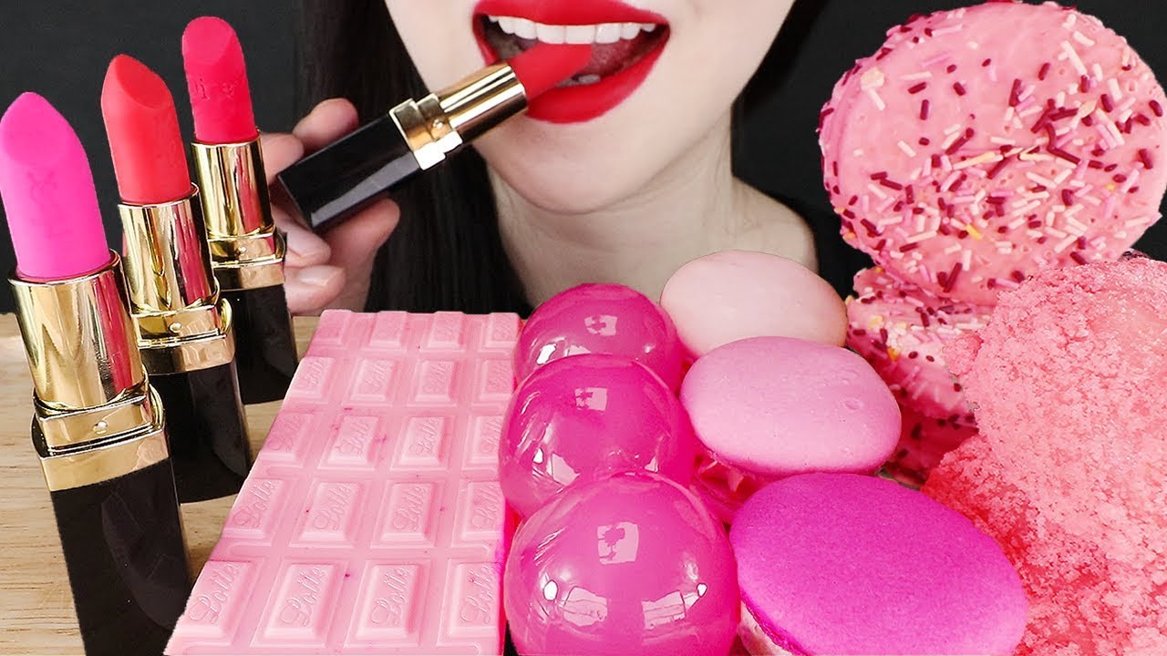ASMR PINK FOODS EDIBLE LIPSTICK & KYOHO JELLY & MACARON & CAKE & NANA EATING SOUND