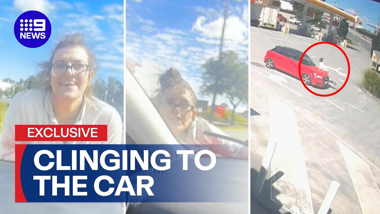 EXCLUSIVE: Woman slips off moving car in wild road rage incident | 9 News Australia