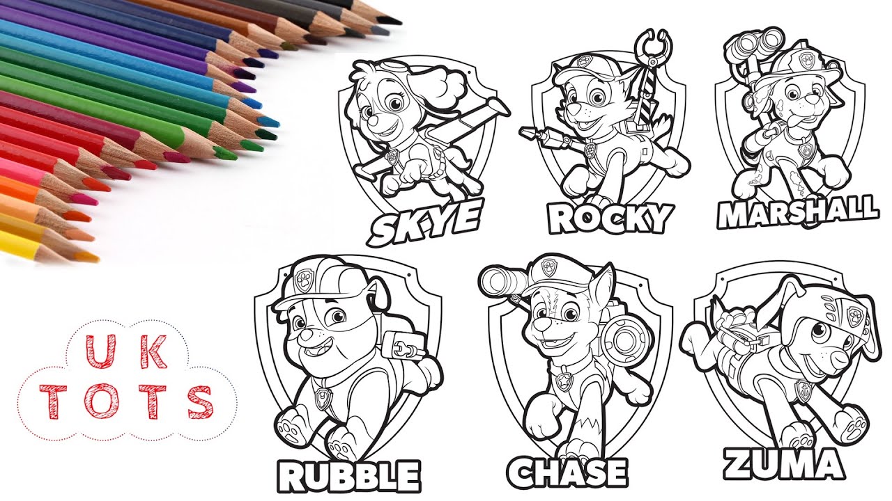 Paw Patrol Colouring: Chase, Marshall, Rocky, Skye, Zuma & Rubble | Colouring for Kids by UK Tots