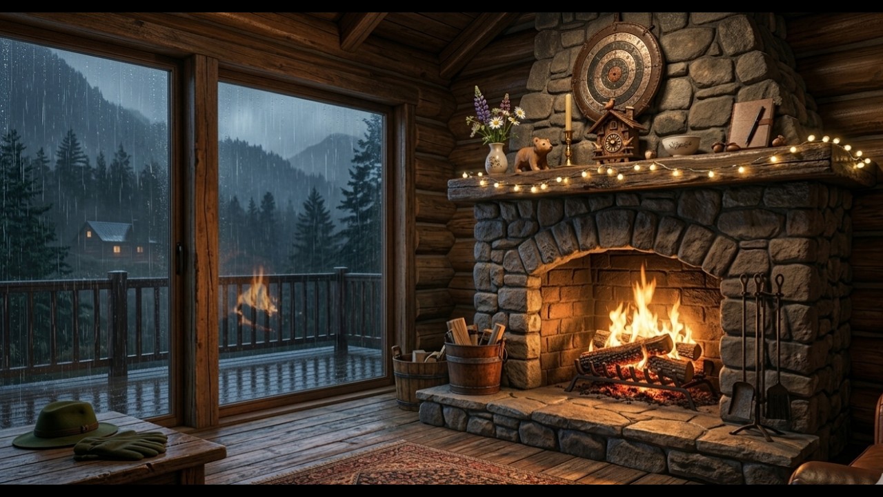 Cozy Cabin Fireplace with Rain Sounds 🔥🌧️ | Relax & Sleep Ambience 💤 | No ADS