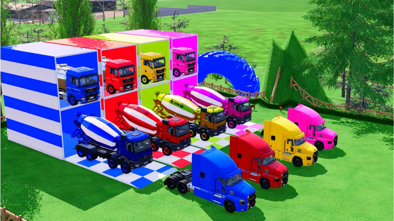 TRANSPORTING ALL COLORFUL MIXER TRUCKS, MAN TANK TRUCKS, WITH MACK TRUCKS TO THE GARAGE