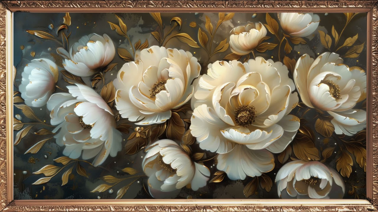 White Floral Oil Painting | Framed Gold TV Art Screensaver 4K | Elegant Silent Art
