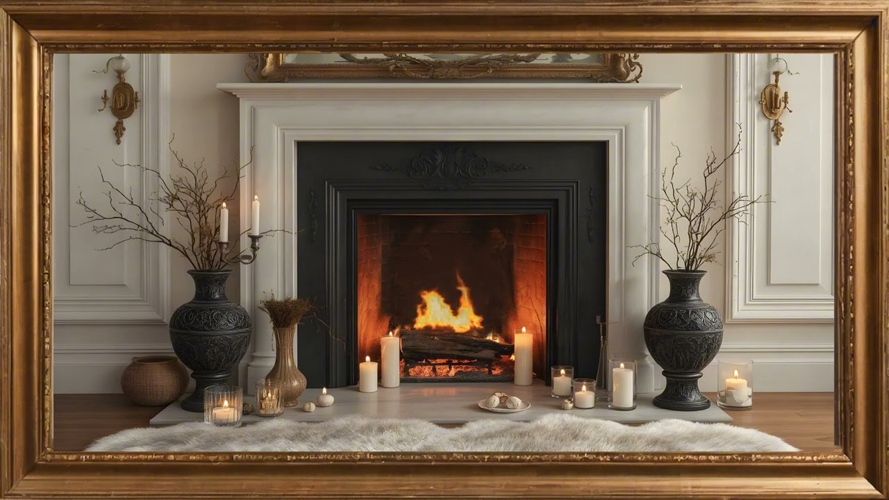 Gold framed Vintage fireplace art in cozy ambiance and candles.4k TV screensaver Relax Sleep Study