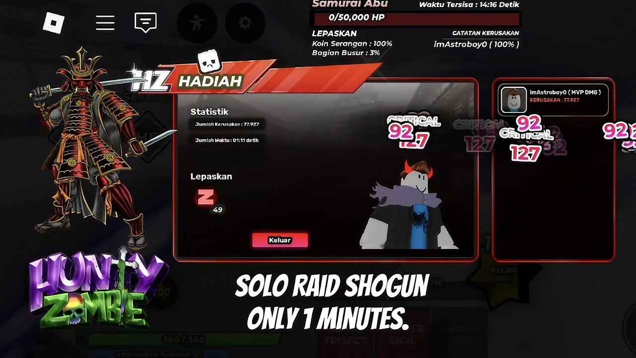 ROBLOX HUNTY ZOMBIE RAID SHOGUN SOLO PLAYER ONLY 1 MINUTES. 