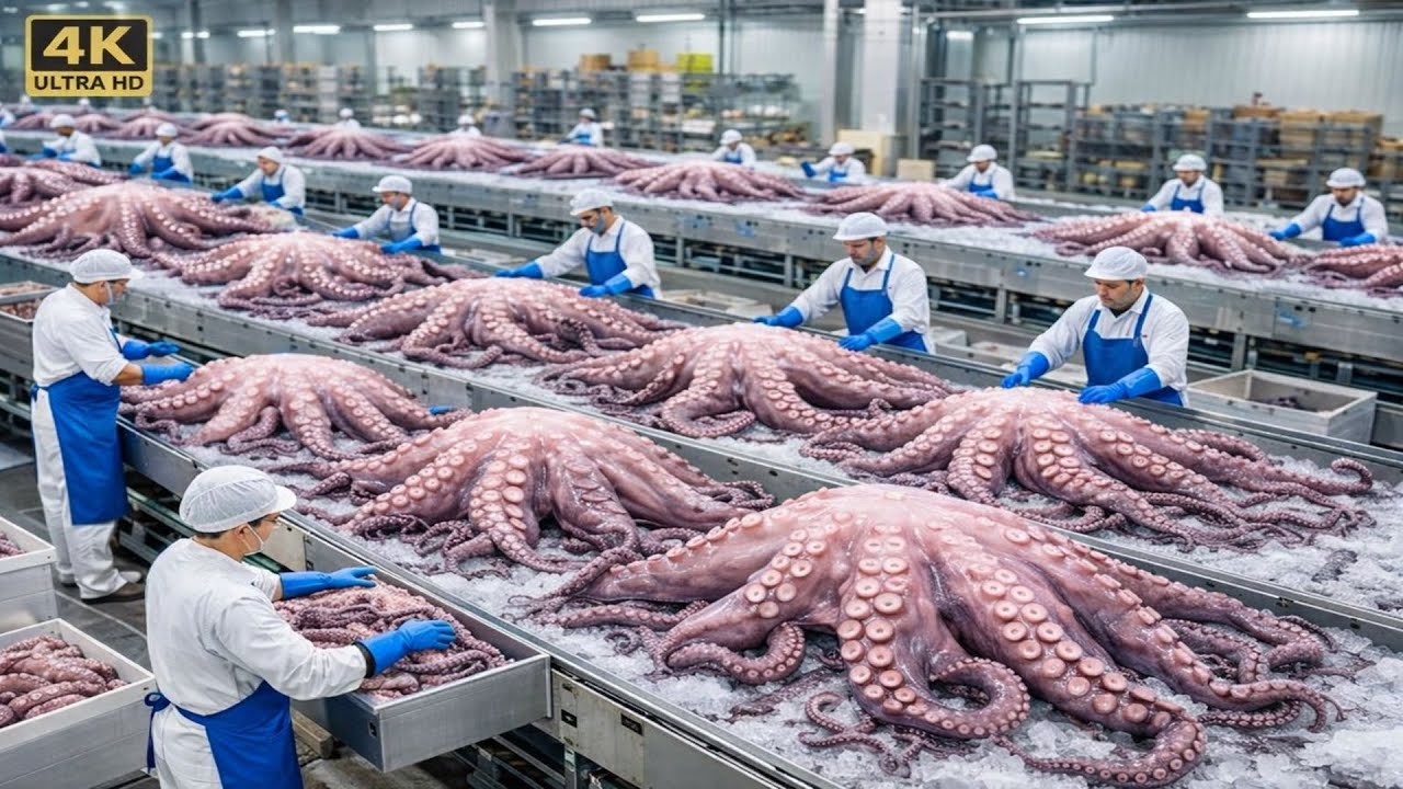 Inside Futuristic 8K Seafood Factory: the Mega Octopus Processing Line (Satisfying Loop)
