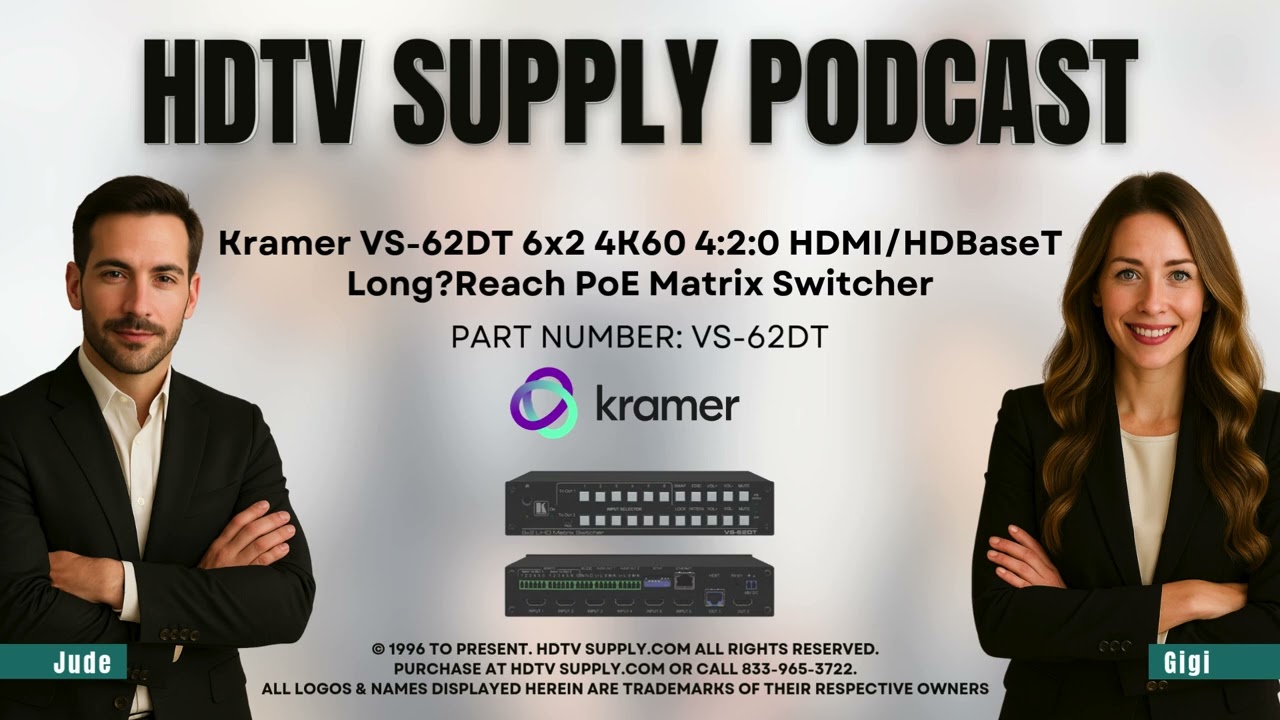 Kramer VS-62DT 6x2 4K60 4:2:0 HDMI/HDBaseT Long?Reach PoE Matrix Switcher