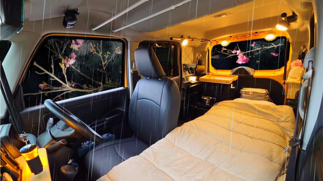 [Tiny Car Camping] Noapte de beznă și ploaie | Baza secretă a unei femei singure 🌧️🌸