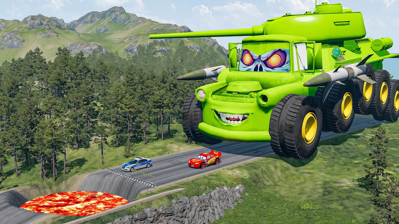 Giant TANK TRUCK McQueen Truck VS Cars Lightning McQueen & Police Car Downhill Race - Beamng.Drive