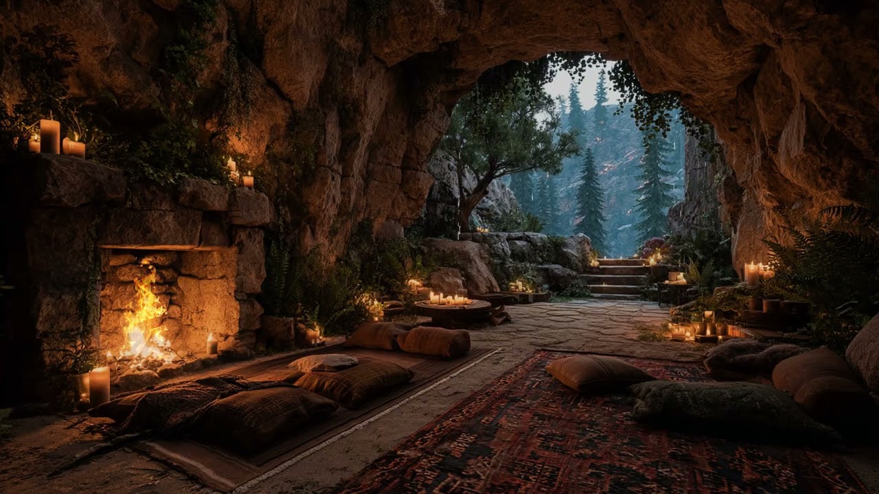 Midnight Rainfall Echoes Through a Hidden Jungle Cave | Deep Thunder & Warm Firelight