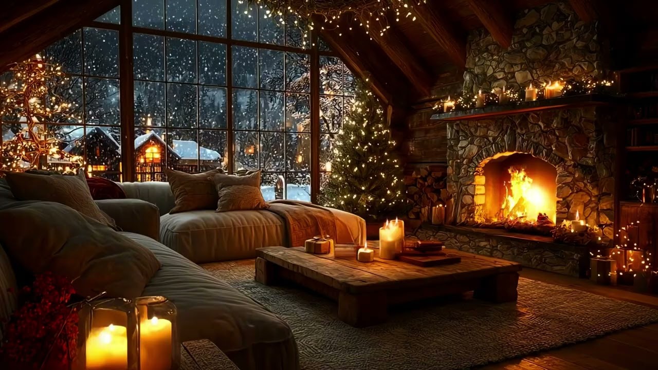 Luxury Winter Cabin Fireplace 🔥❄️ 2 Hours | Snowy Night Ambience + Fire Crackles