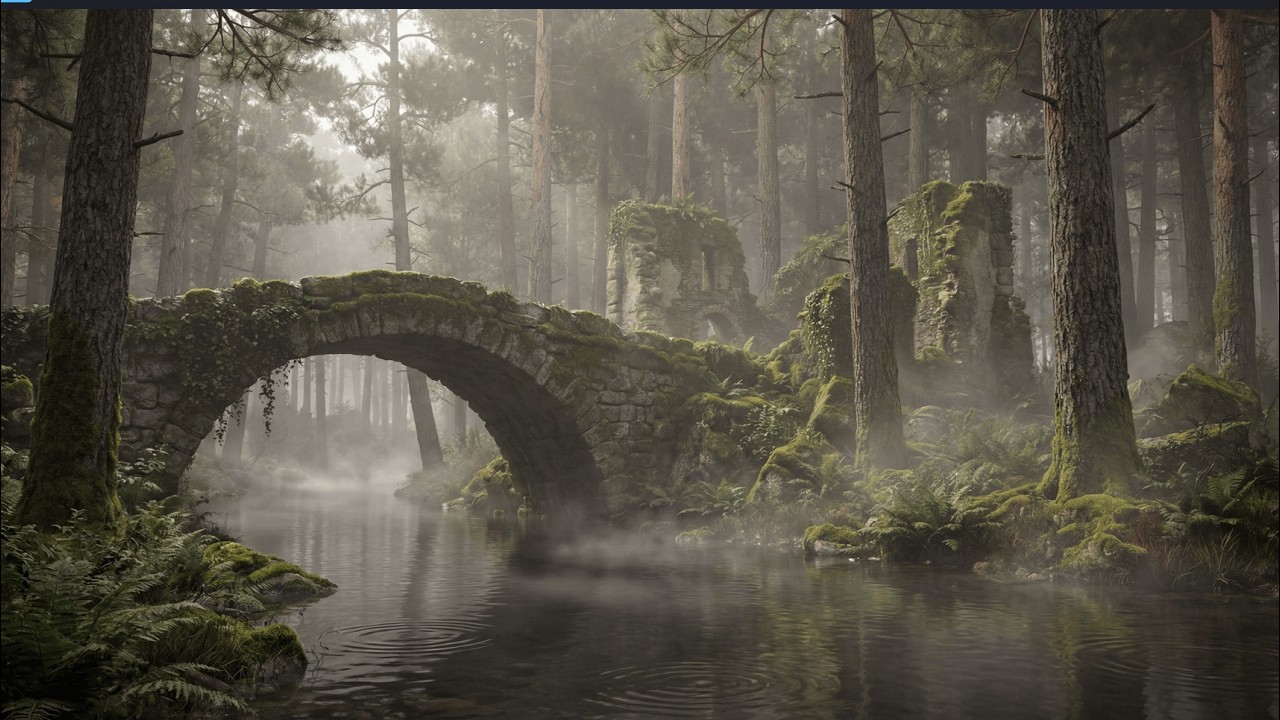 Mystic Forest Ruins & Flowing River Ambience 🌿🌫️Ancient Stone Bridge, Soft Water 4K Ultra HD 2 Hours