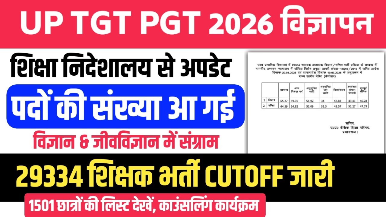 UP TGT PGT 2026 विज्ञापन पदों की संख्या वायरल। 29334 विज्ञान गणित कट ऑफ एवं काउंसलिंग सूची