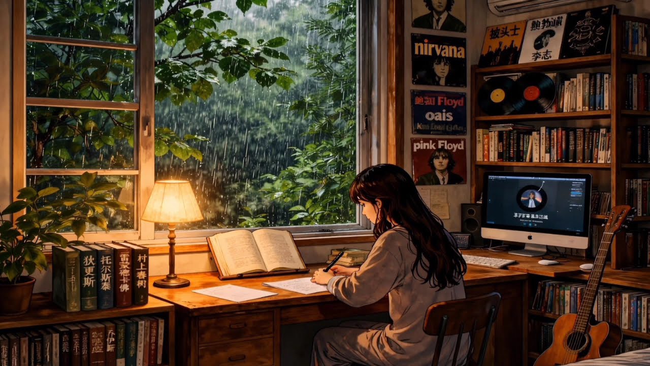 //Rainy nights study vibes|cozy room books and soft lights//